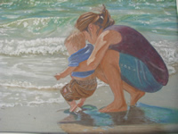 Painting of mother & baby at ocean