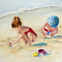 painting of 2 children playing in the sand
