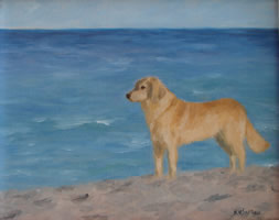 Painting of golden retriever on the beach