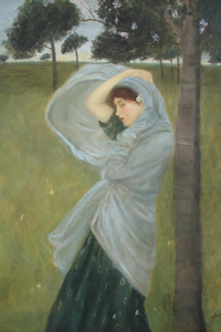 painting of girl holding down her shawl in the wind