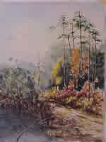 Painting of wispy pines and colored foliage with water in the foreground