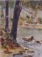 Painting of two large trees on river bank