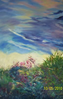 Painting of a storm sky with flowers in foreground