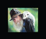 Old man with beard and floppy cap with possum on his shoulder
