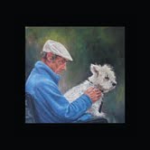 Elderly man with little white dog on his lap